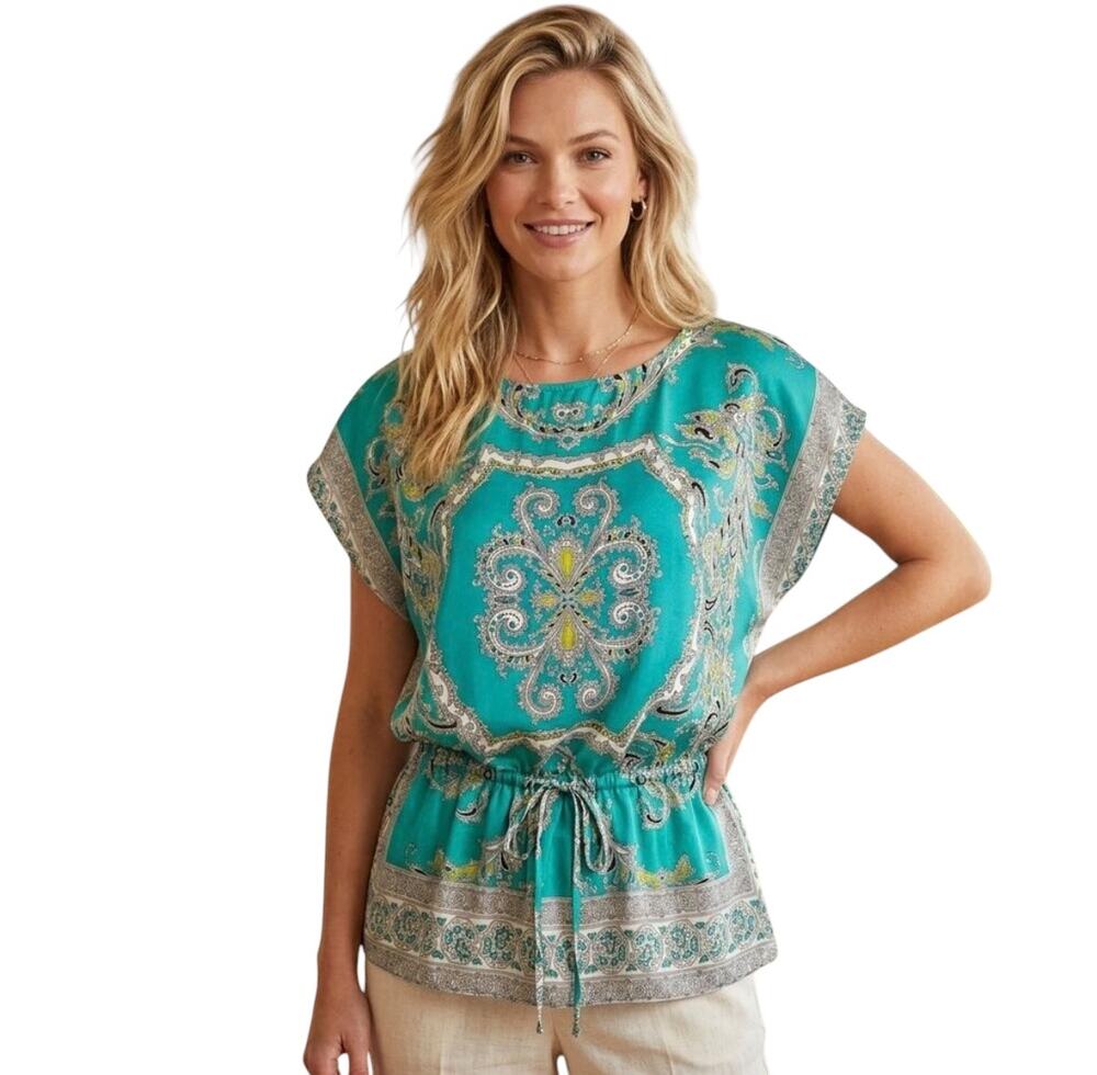 Violet & Claire Paisley Tie Waist Top Womens Medium Teal Scarf Print Satin